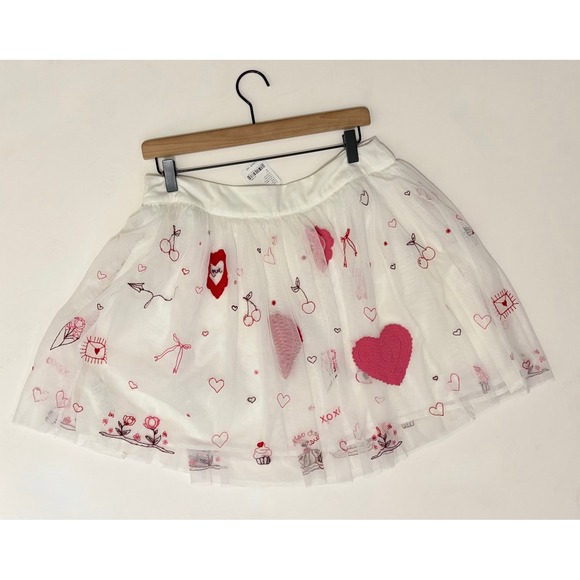 NWT!! FREE PEOPLE The Sketchbook Skirt Tulle Embroidered Mini Hearts White Large - Picture 9 of 16